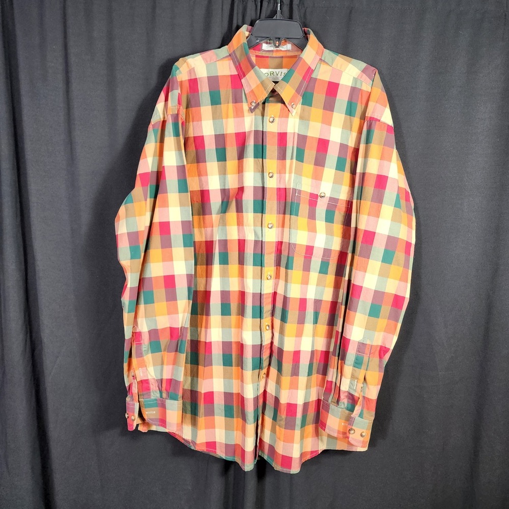 Orvis Mens XXL Tall Plaid Button Down Shirt Multicolor Cotton Long Sleeve Pocket